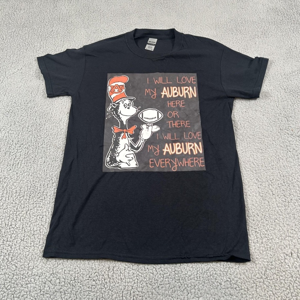 Auburn Tigers Shirt Mens Small Black NCAA Football Gildan Cat In Hat Graphic Tee